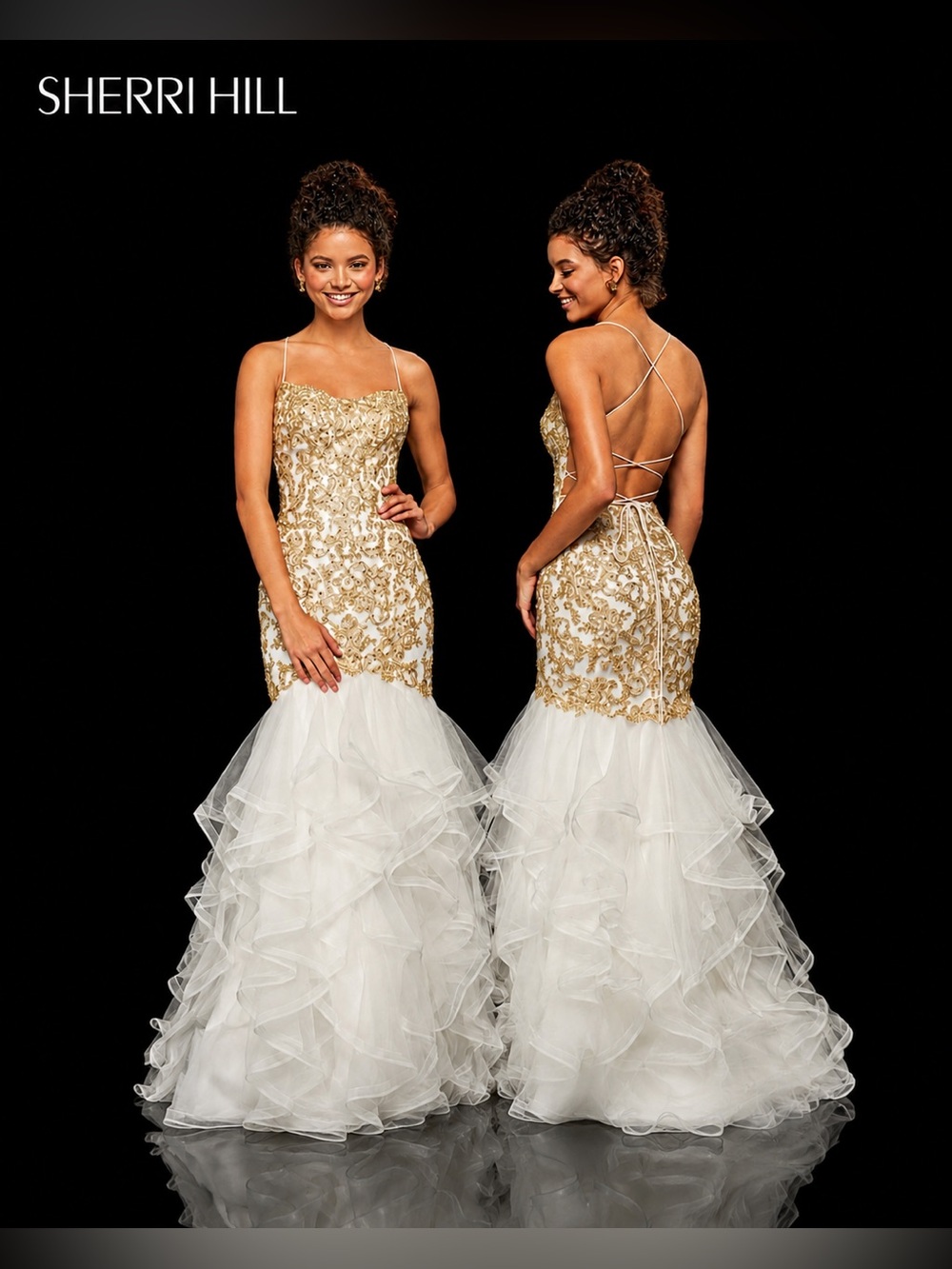 ⚜️ SHERRI HILL Style #52560 Ivory/Gold Metallic Lace Mermaid Dress Size 10 NWTs!
